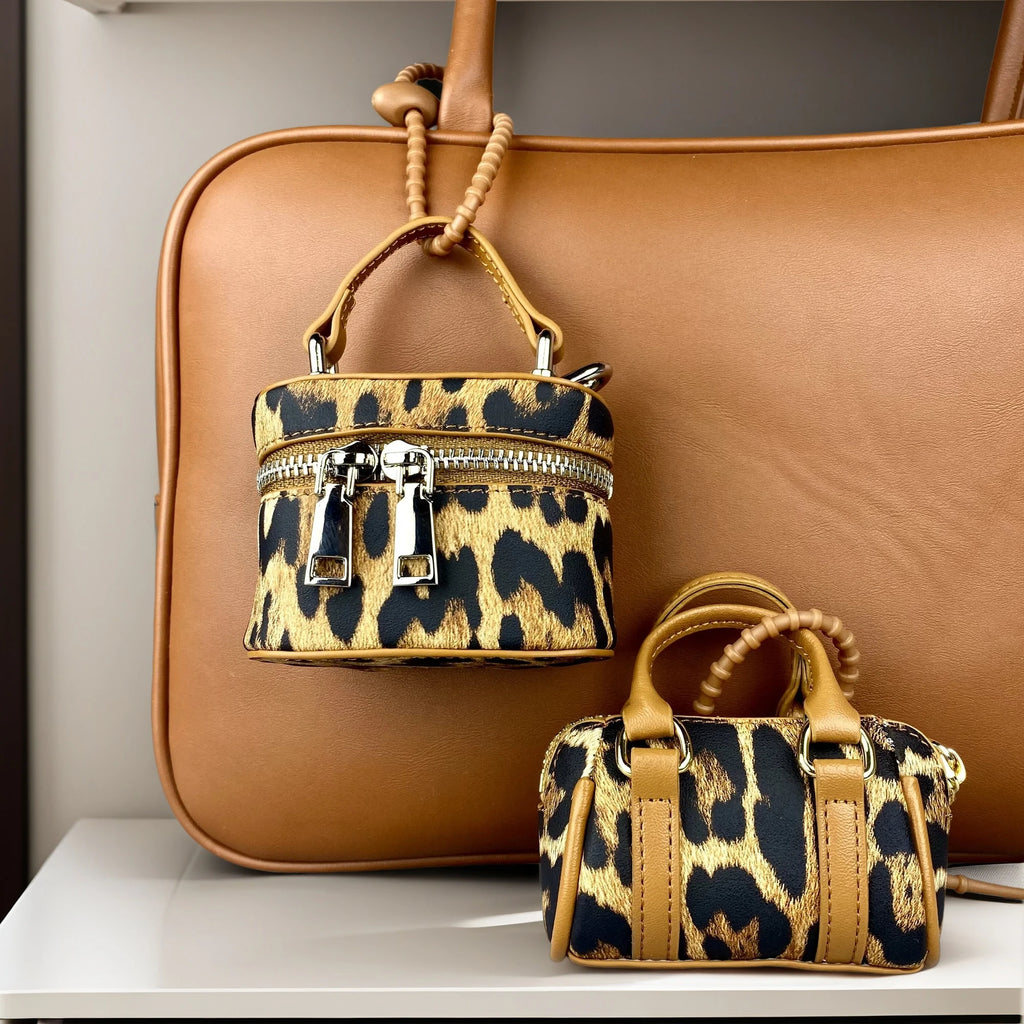 Chic PU Leather Brown Leopard Print Mini Bag Charm Set, Small Coin Purse  Wireless Earbud Case Holder, Fall Winter Bag Accessory