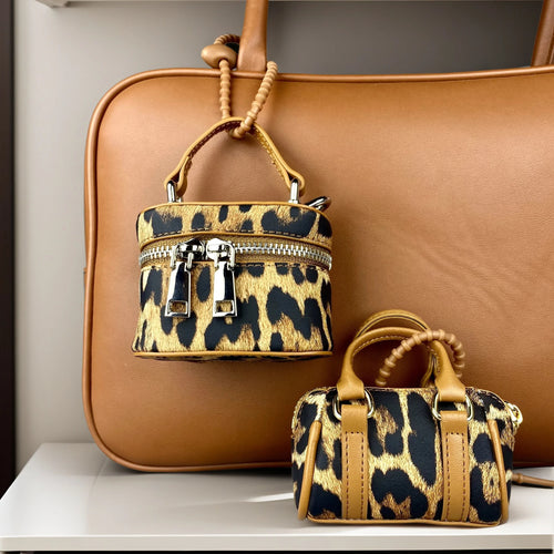 Chic PU Leather Brown Leopard Print Mini Bag Charm Set, Small Coin Purse  Wireless Earbud Case Holder, Fall Winter Bag Accessory