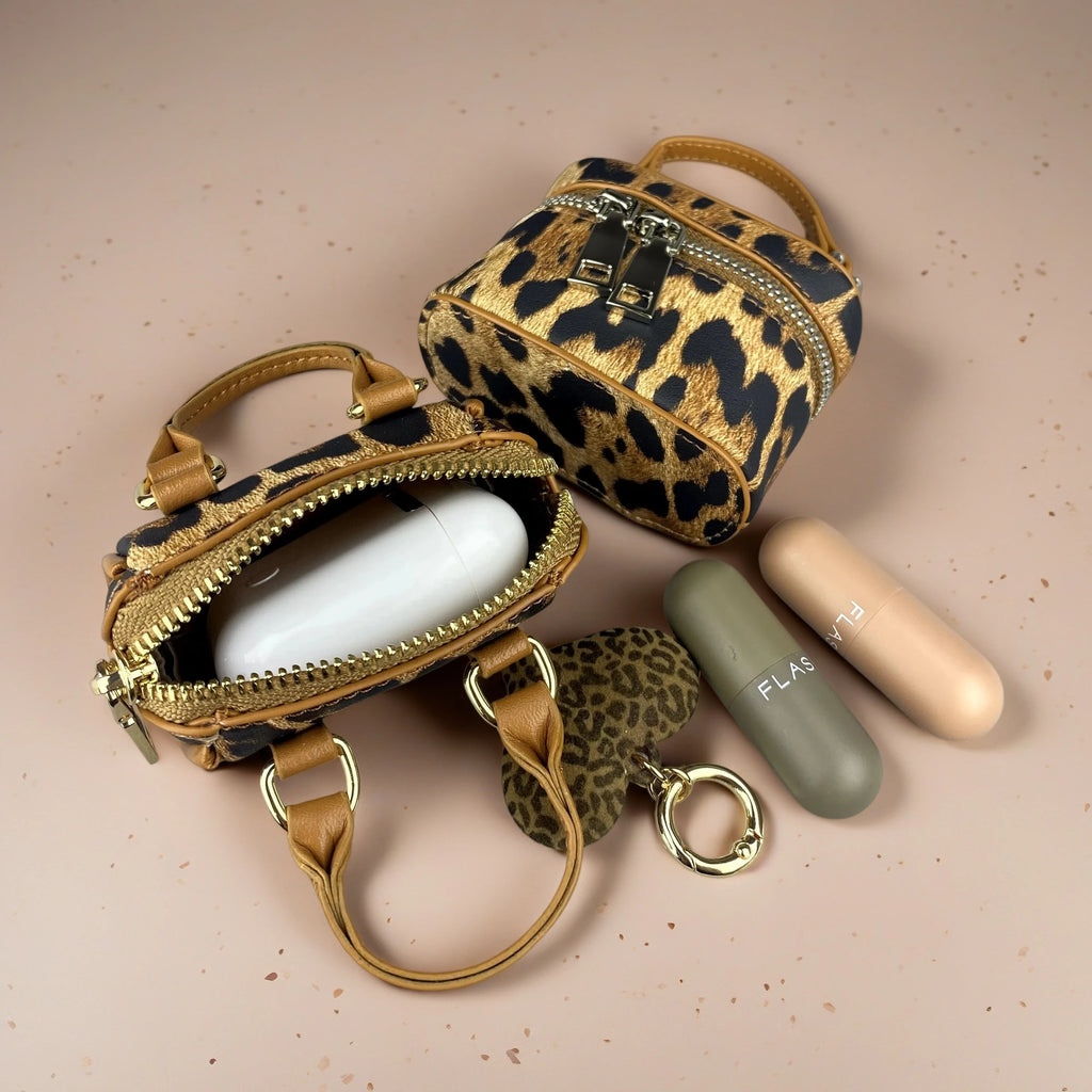 Chic PU Leather Brown Leopard Print Mini Bag Charm Set, Small Coin Purse  Wireless Earbud Case Holder, Fall Winter Bag Accessory