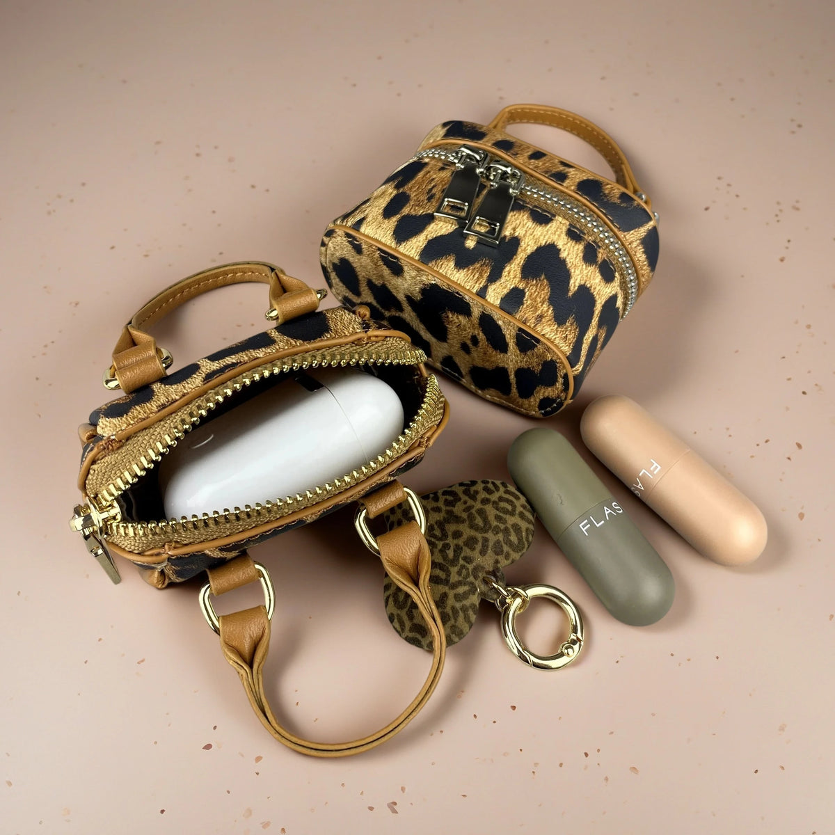 Chic PU Leather Brown Leopard Print Mini Bag Charm Set, Small Coin Purse  Wireless Earbud Case Holder, Fall Winter Bag Accessory