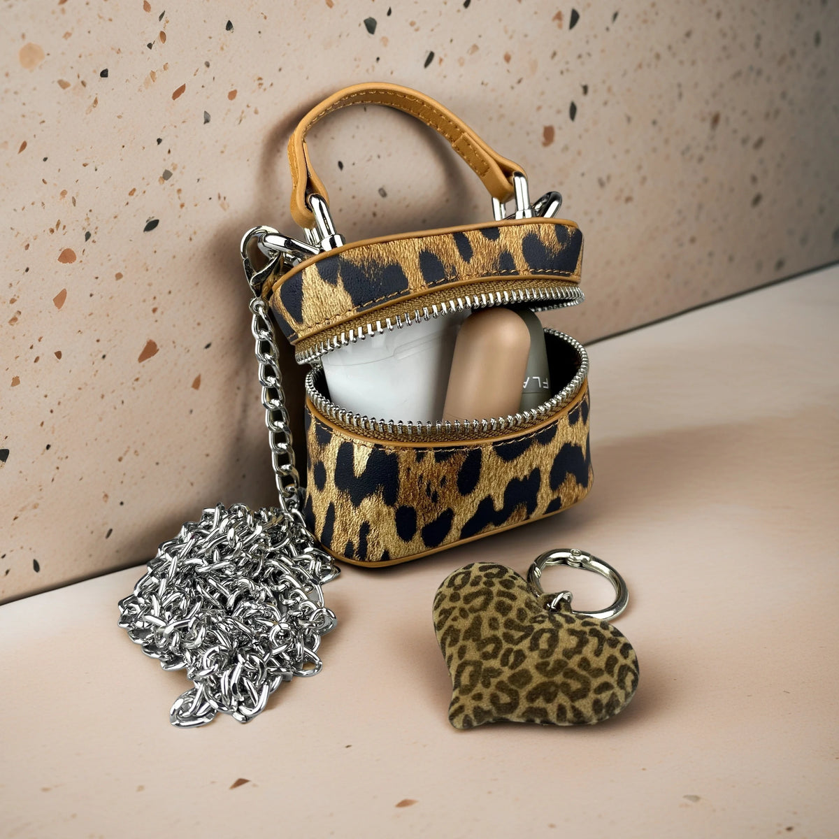 Chic PU Leather Brown Leopard Print Mini Bag Charm Set, Small Coin Purse  Wireless Earbud Case Holder, Fall Winter Bag Accessory