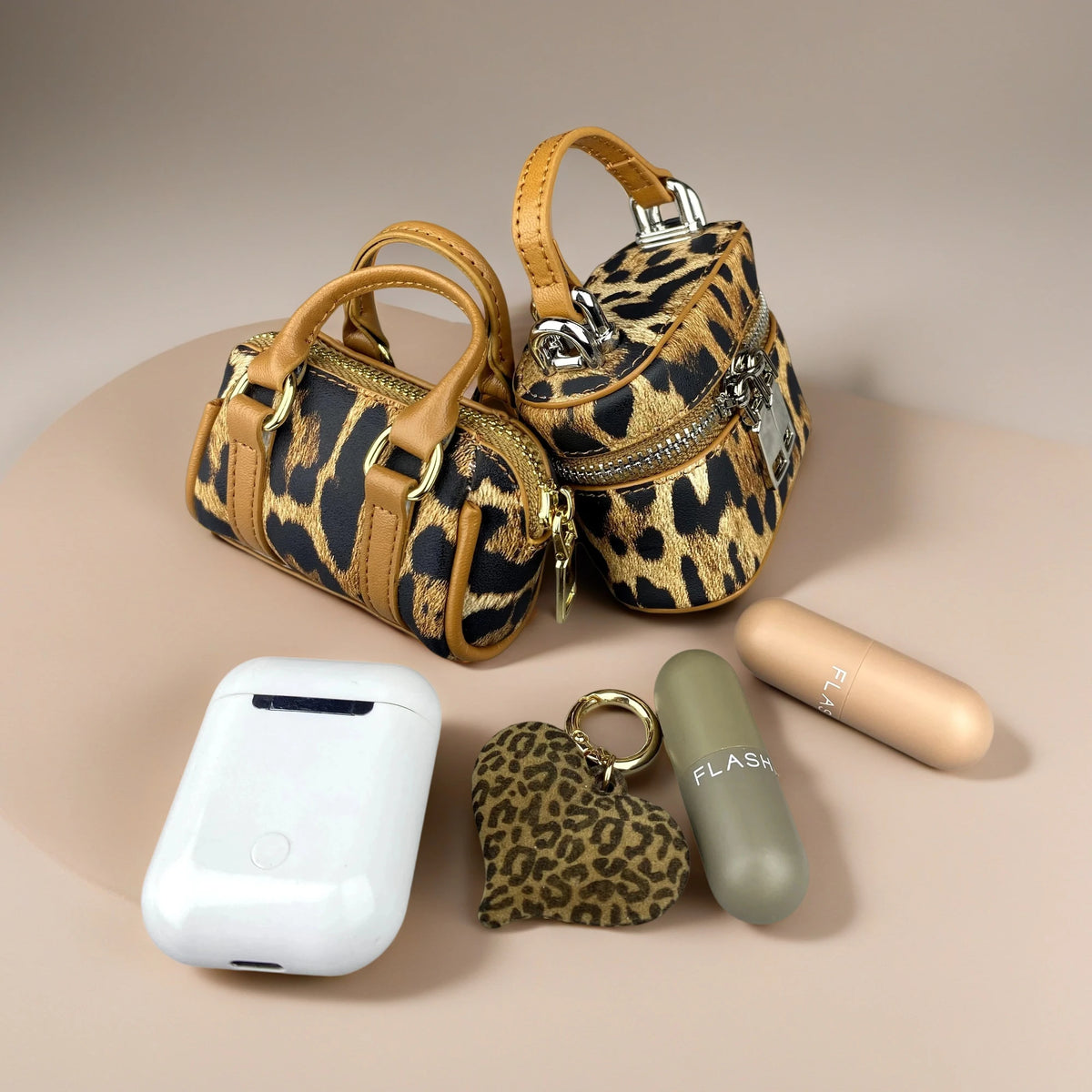 Chic PU Leather Brown Leopard Print Mini Bag Charm Set, Small Coin Purse  Wireless Earbud Case Holder, Fall Winter Bag Accessory