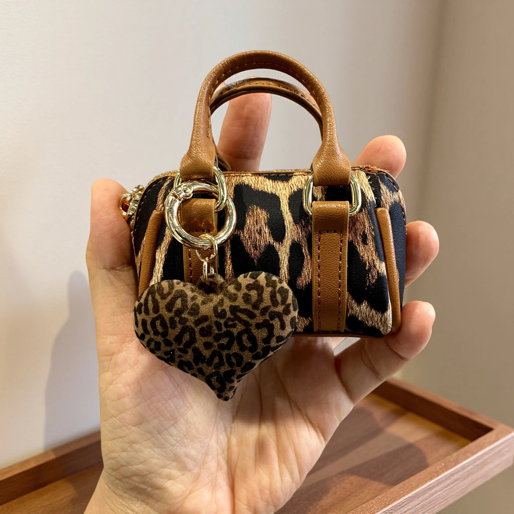 Chic PU Leather Brown Leopard Print Mini Bag Charm Set, Small Coin Purse  Wireless Earbud Case Holder, Fall Winter Bag Accessory